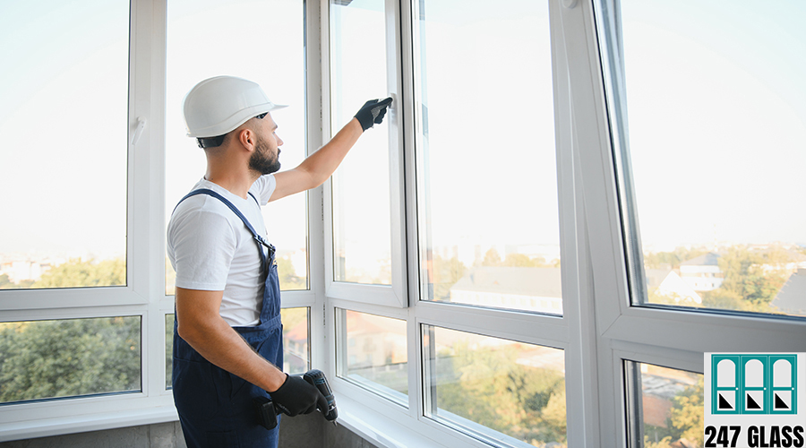 Workman in overalls installing or adjusting plastic windows in the living room at home window glass installation