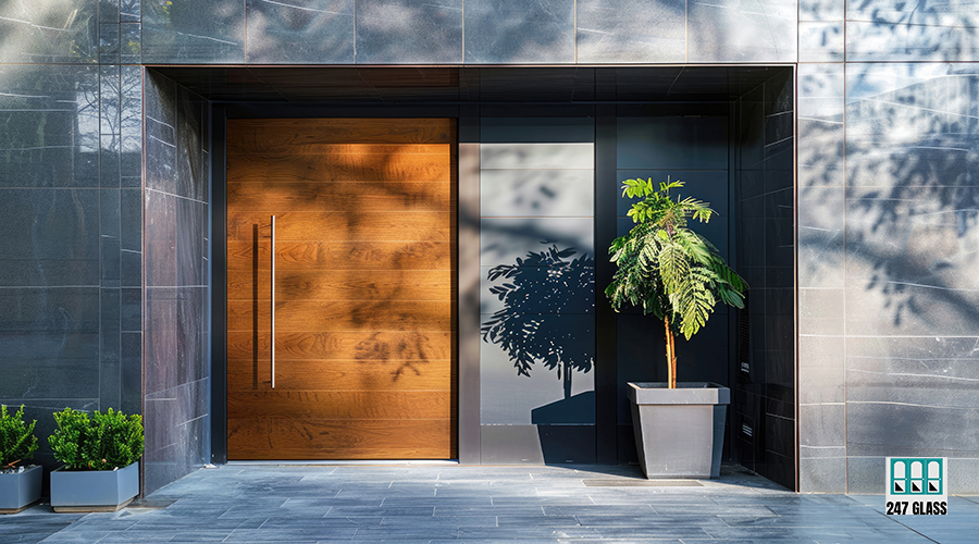 vecteezy_brown-front-door-with-plants-facade-of-a-modern-building_43191783.webp