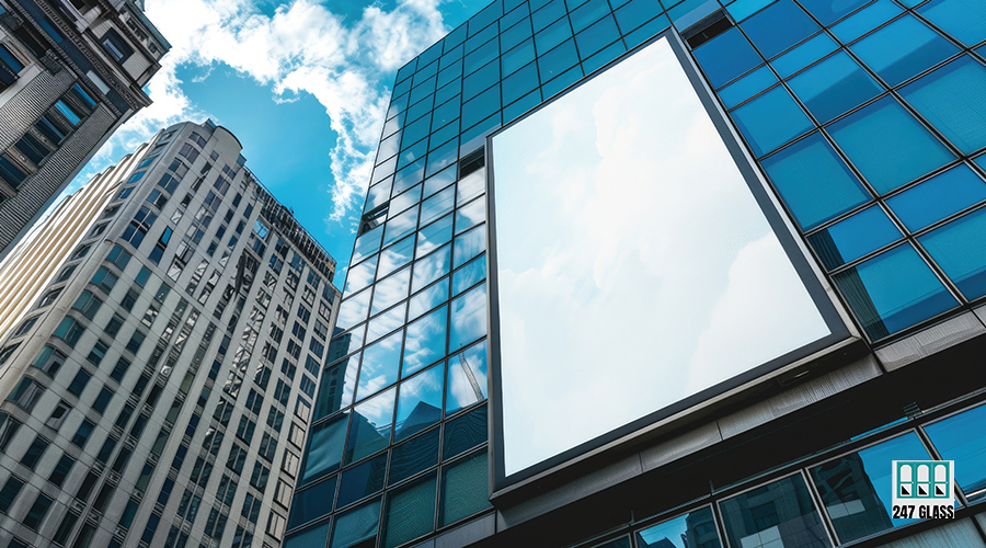 Blank screen banner mockup displayed on the modern building facade. Close Up view.