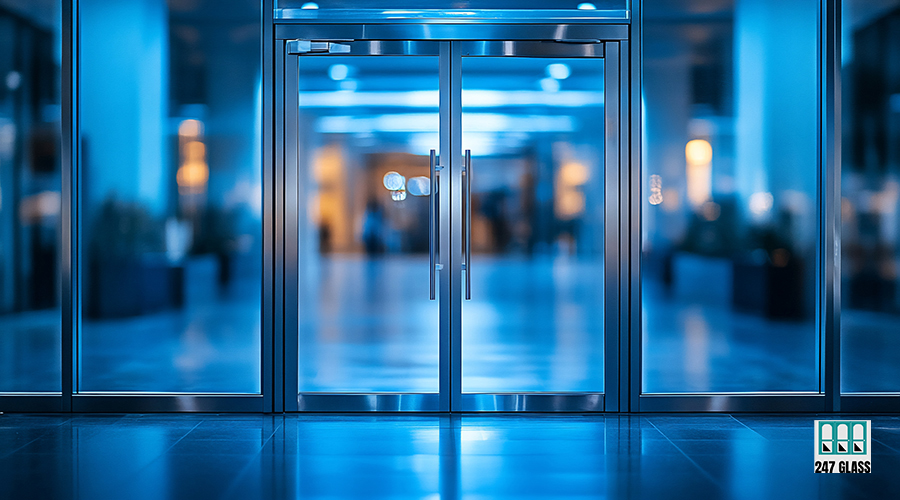 Image of a modern glass doors entrance to a blue-lit lobby. The doors are made of glass and metal, and they reflect the interior of the building.