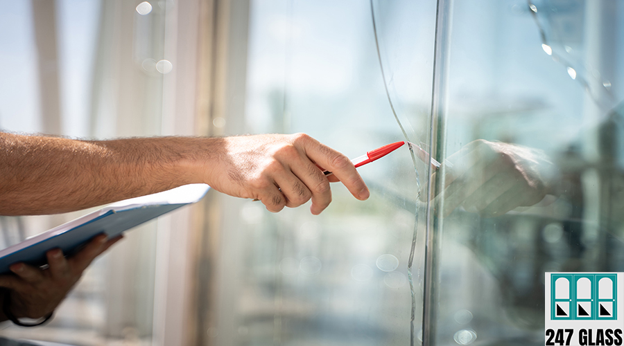 glass broken from a house by an accident, man checking to repair