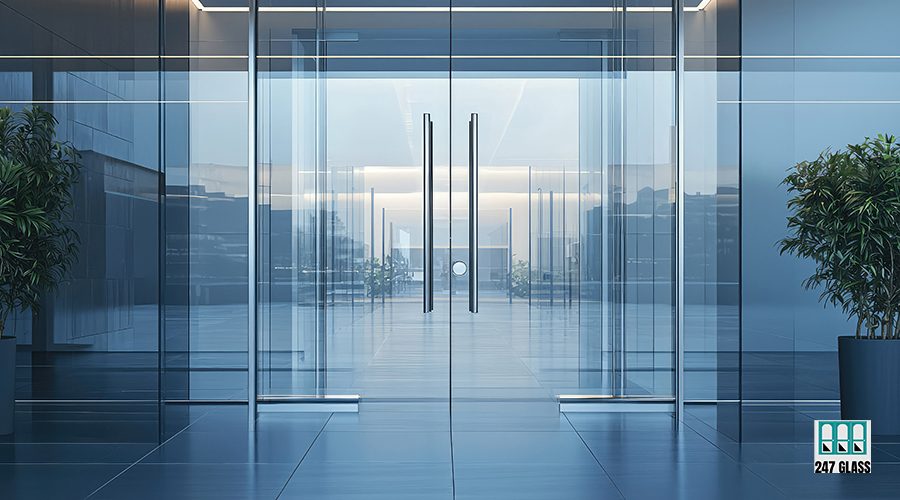 This modern glass door features sleek handles, creating a stunning entrance to a contemporary office space adorned with greenery and architectural elegance.
