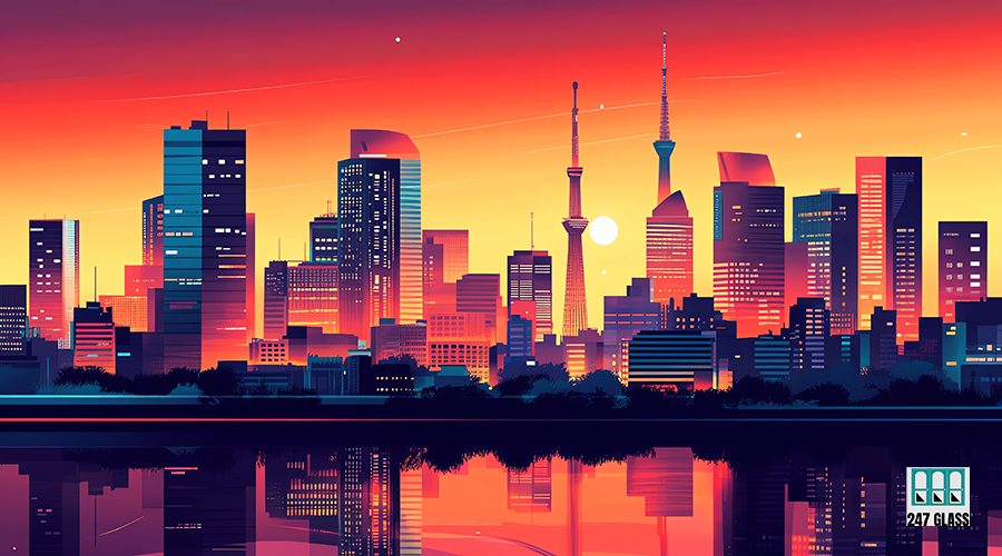 The image depicts a modern city skyline at sunset, with a tall tower as the centerpiece and the buildings reflected in the water below.