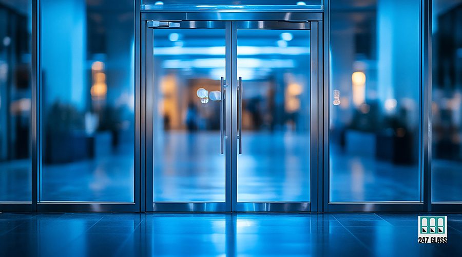 Image of a modern glass doors entrance to a blue-lit lobby. The doors are made of glass and metal, and they reflect the interior of the building.